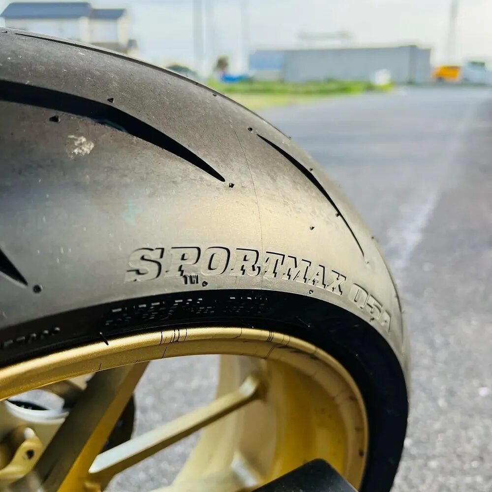 Mounted Dunlop Sportmax motorcycle tire